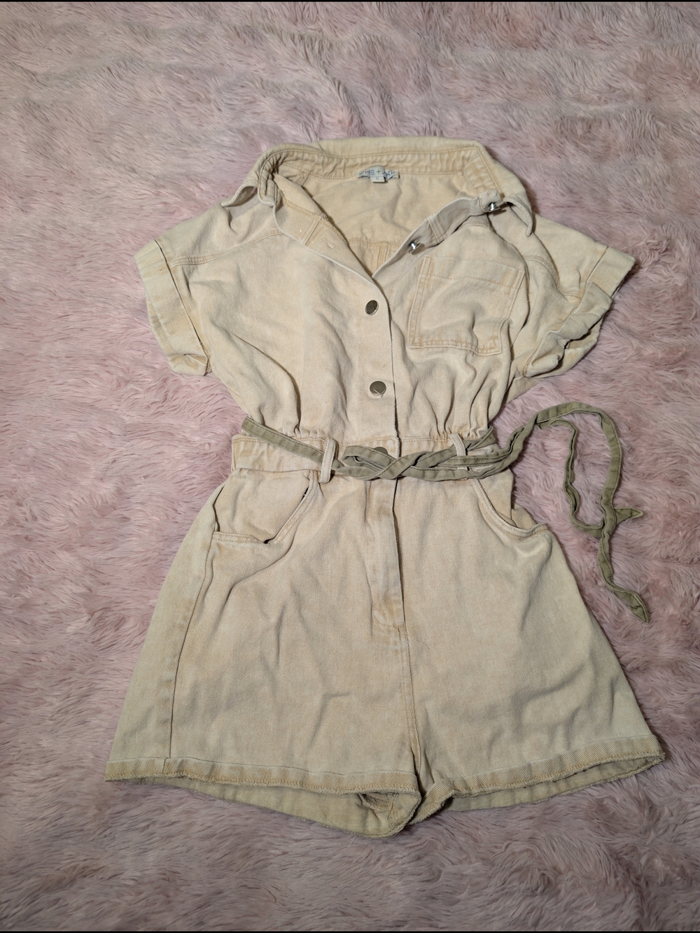 Beige Short Sleeve Romper with Belt